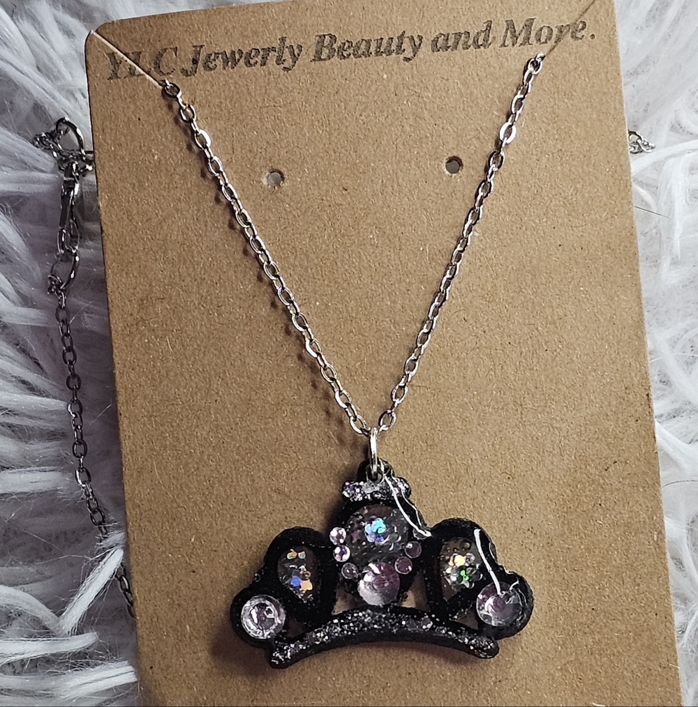 Silver-Tone Black Rhinestone Crown Pendant Necklace